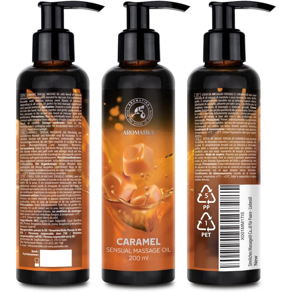 AROMATIKA Massage Oil - Caramel Scent - 6.8 fl oz - Natural Almond & Grapeseed - Relaxing Couples Body Oil - Very Good - BBE 11/2028