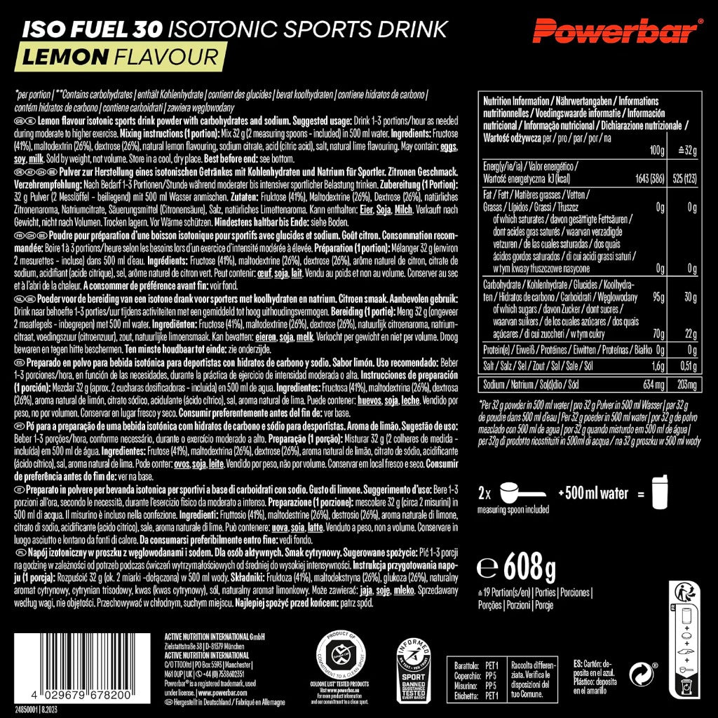 Powerbar Iso Fuel 30 Isotonic Sports Drink - Lemon - 608g - Vegan Hydration Powder - New - BBE 09/2026