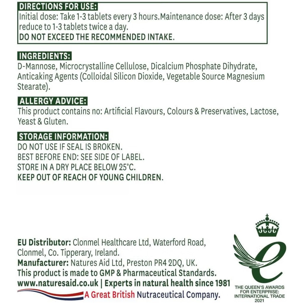 Natures Aid D-Mannose 1000mg Supplement - 60 Tablets - Urinary Tract Support - New - BBE 09/2026