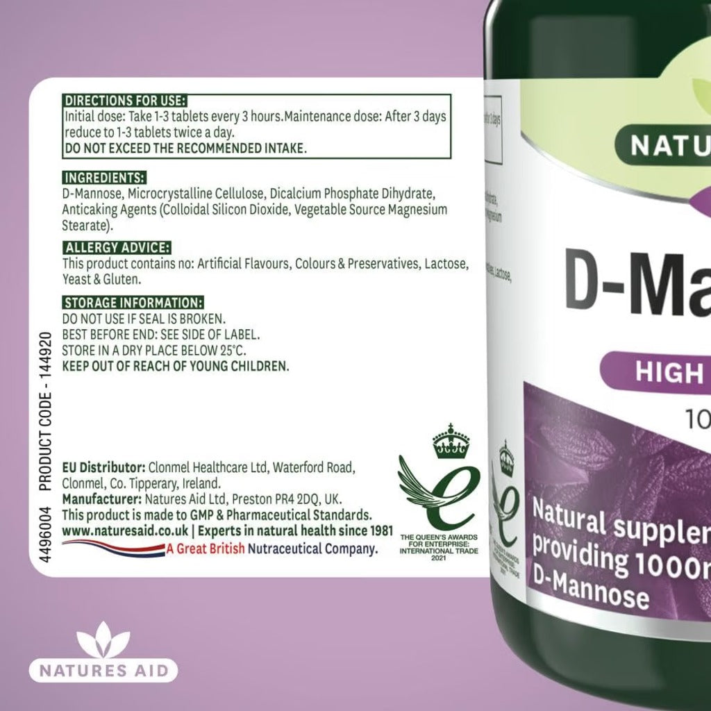 Natures Aid D-Mannose 1000mg Supplement - 60 Tablets - Urinary Tract Support - New - BBE 09/2026
