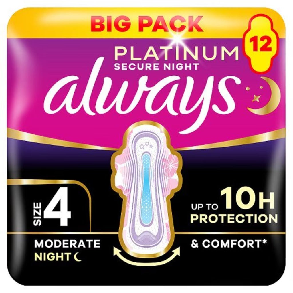 Always Platinum Sanitary Pads Size 4 Secure Night with Wings - 12 Pack - New