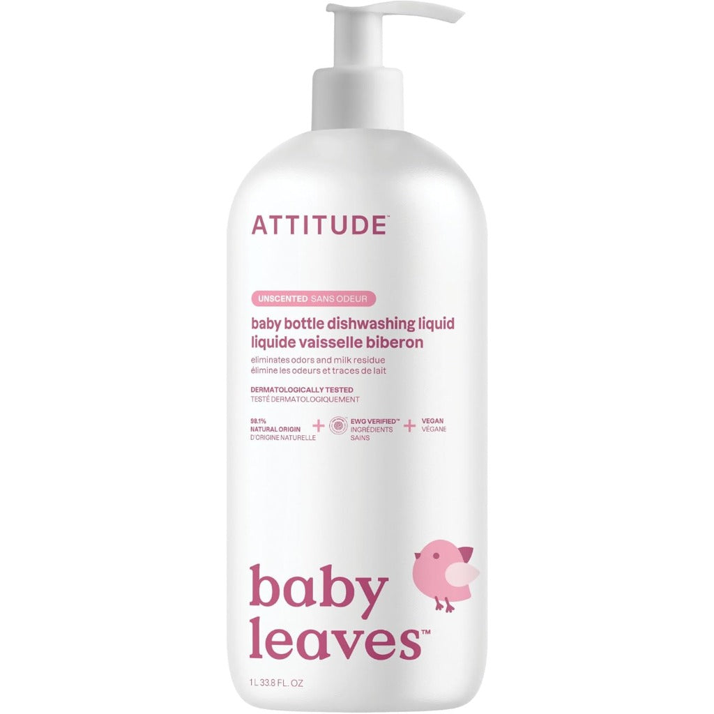 ATTITUDE Baby Dish Soap - Bottle Cleaner - EWG Verified Dishwashing Liquid - Unscented - Vegan - 1 Liter - Milk Residue & Grease Remover - Damaged Box