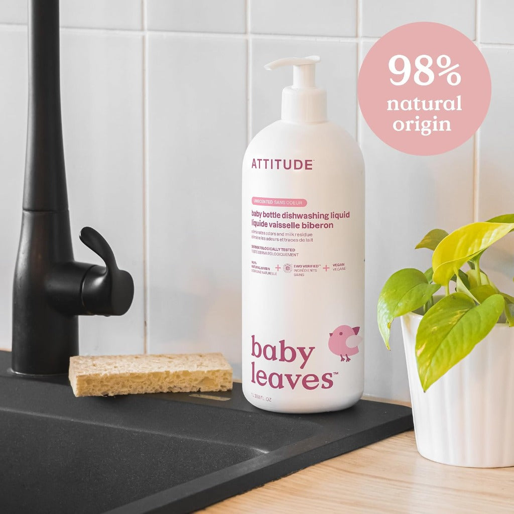 ATTITUDE Baby Dish Soap - Bottle Cleaner - EWG Verified Dishwashing Liquid - Unscented - Vegan - 1 Liter - Milk Residue & Grease Remover - Damaged Box