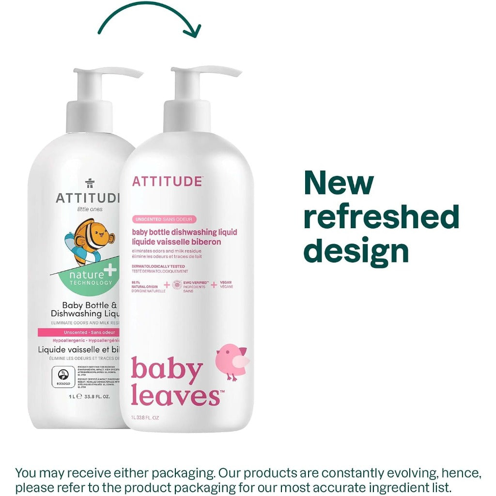 ATTITUDE Baby Dish Soap - Bottle Cleaner - EWG Verified Dishwashing Liquid - Unscented - Vegan - 1 Liter - Milk Residue & Grease Remover - Damaged Box