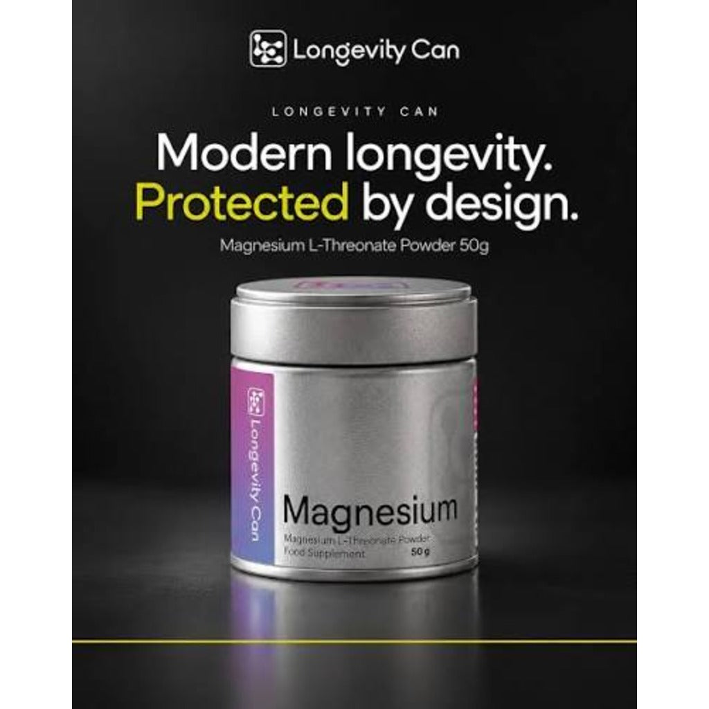 Longevity Can Magnesium L-Threonate Powder 50g – Pure Unflavoured Vegan Supplement – 33 Servings - Damaged Box - BBE 05/2027