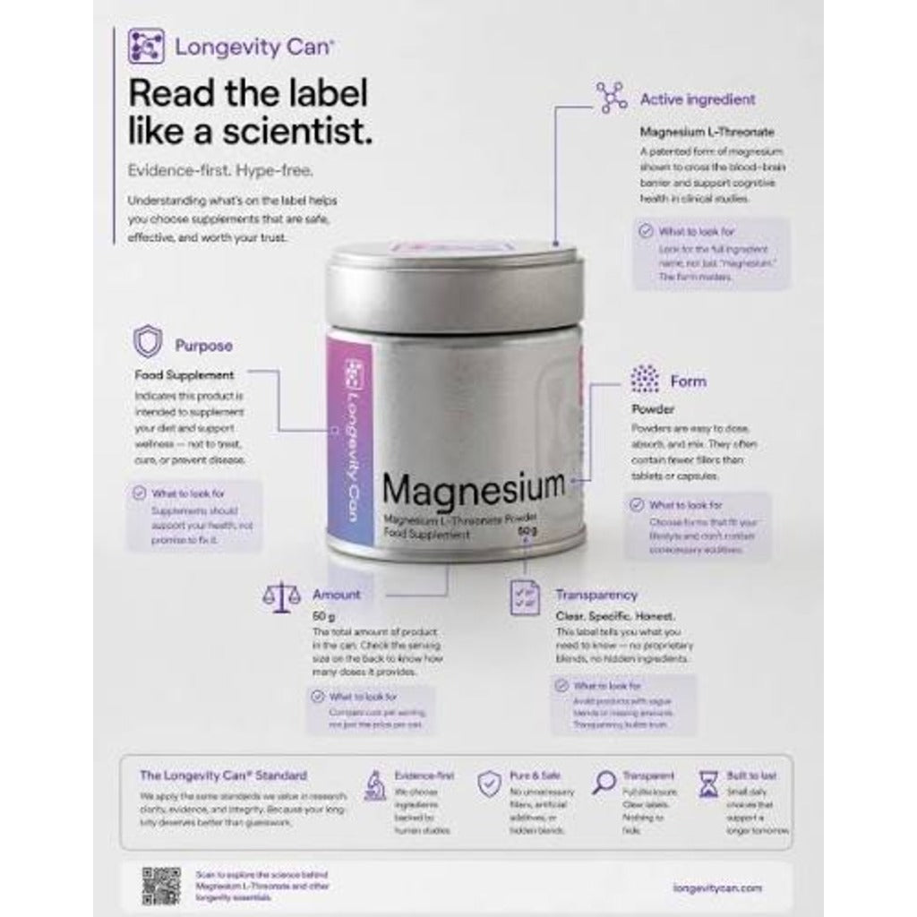 Longevity Can Magnesium L-Threonate Powder 50g – Pure Unflavoured Vegan Supplement – 33 Servings - Damaged Box - BBE 05/2027