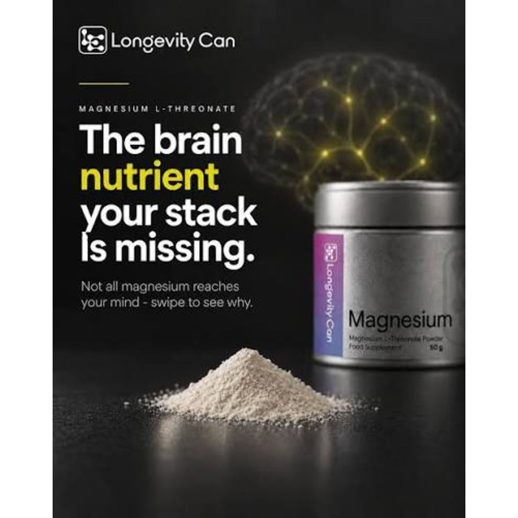 Longevity Can Magnesium L-Threonate Powder 50g – Pure Unflavoured Vegan Supplement – 33 Servings - Damaged Box - BBE 05/2027