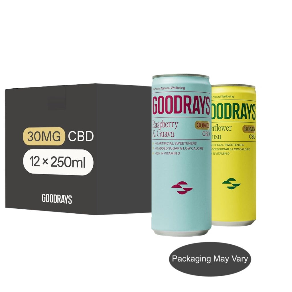 GOODRAYS CBD Drinks Sparkling Soft Drink - Elderflower Yuzu & Raspberry Guava - 12 x 250ml Cans Low Calorie Vegan - New - BBE 09/2026