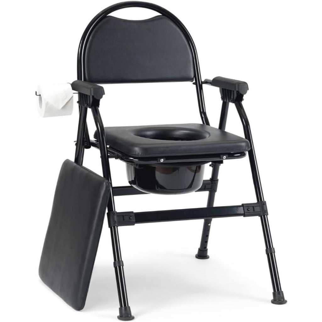 Meadowcare Folding Commode Chair - Height Adjustable Padded Oval Seat with Removable Lidded Bucket and Non-Slip Feet - Damaged Box