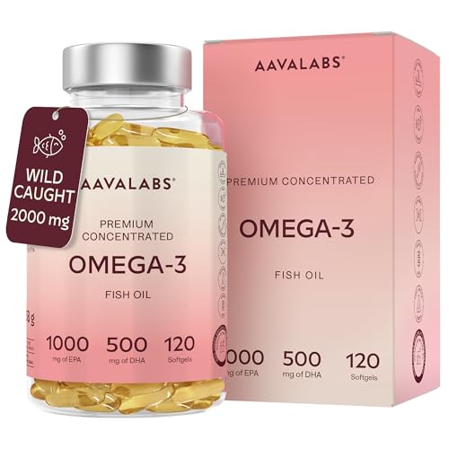 Aavalabs Omega 3 Fish Oil 2000mg per Daily dose (2 softgels) - 1000mg EPA + 500 mg DHA per dose - High Strength Omega 3 Fatty Acids Supplements - Molecularly Distilled - 120 Capsules - 60 Days Supply - BBE 03/2028