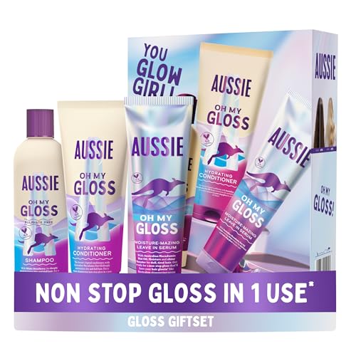 Aussie Oh My Gloss Hydrating Giftset: Shampoo 300ml, Conditioner 200ml, Lightweight Leave-in Serum 160ml. Moisture & Shine Booster for Dull, Dry Hair, with Jojoba, Safflower, Macadamia Nut Oils - Damaged Box