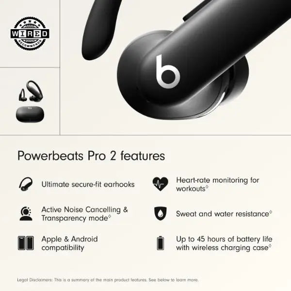 Beats Powerbeats Pro 2 Wireless Bluetooth Earbuds – Noise Cancelling, Up to 45 Hours Battery & Wireless Charging Case - Jet Black - Refurbished Beats