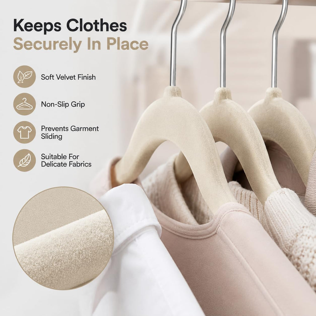 1ABOVE Premium Quality 20 pack Non-Slip Velvet Hangers (44cm) Heavy Duty Velvet Suit Hangers with Tie Bar, 360^0 Swivel Hooks - Space saving, sturdy to hold Jacket, Jumper & Pullover(Set of 20-IVORY) - Very Good