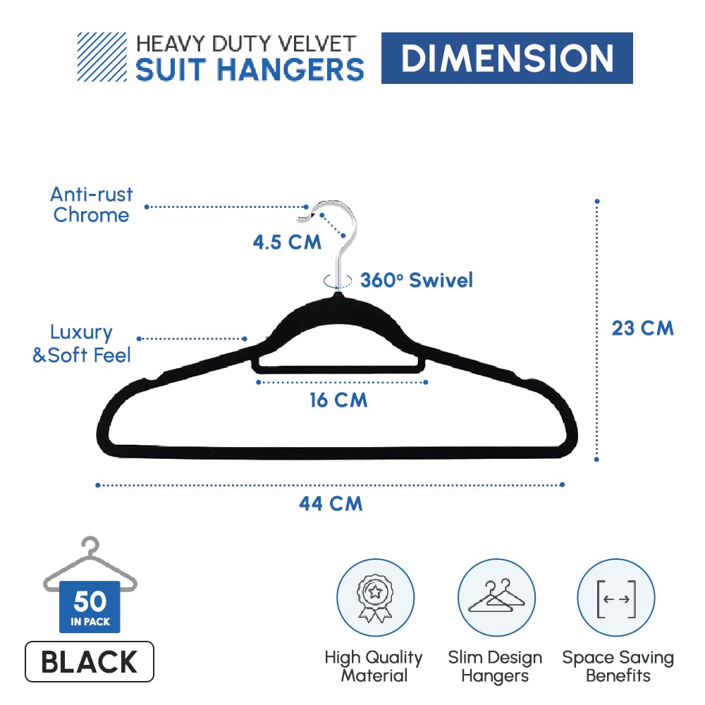 1ABOVE 50 Pack Velvet Hangers 44cm Black Non-Slip Heavy Duty Suit Hangers with Tie Bar & Swivel Hooks - Damaged Box