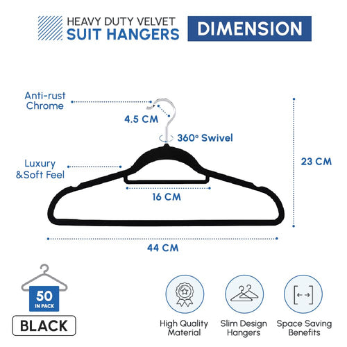 1ABOVE 50 Pack Velvet Hangers 44cm Black Non-Slip Heavy Duty Suit Hangers with Tie Bar & Swivel Hooks - Damaged Box