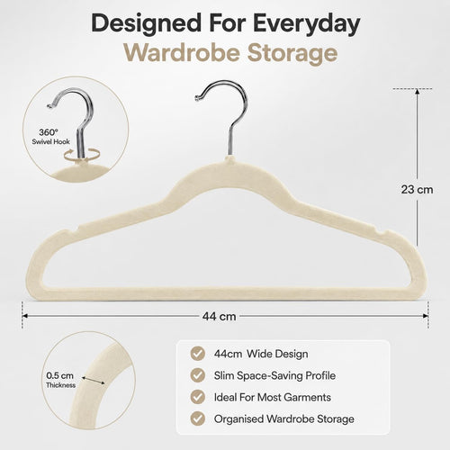 1ABOVE Premium Quality 20 pack Non-Slip Velvet Hangers (44cm) Heavy Duty Velvet Suit Hangers with Tie Bar, 360^0 Swivel Hooks - Space saving, sturdy to hold Jacket, Jumper & Pullover(Set of 20-IVORY) - Very Good