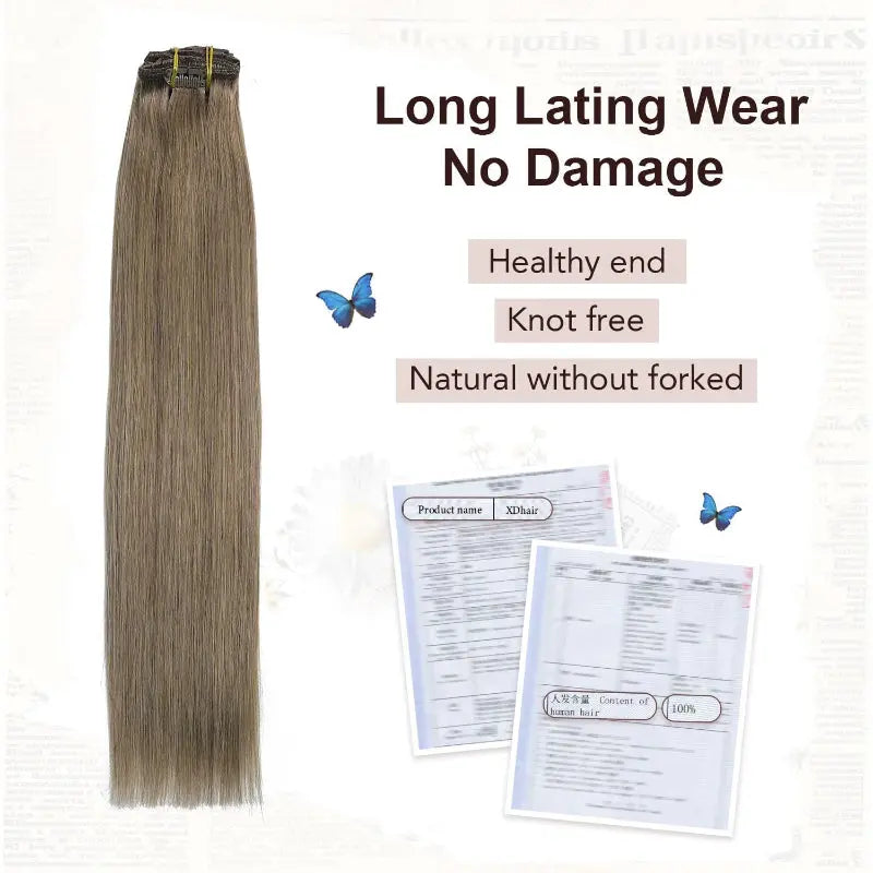 XDhair Clip In Human Hair Extensions 18 Inch Ash Brown 120g 6pcs - New XDhair