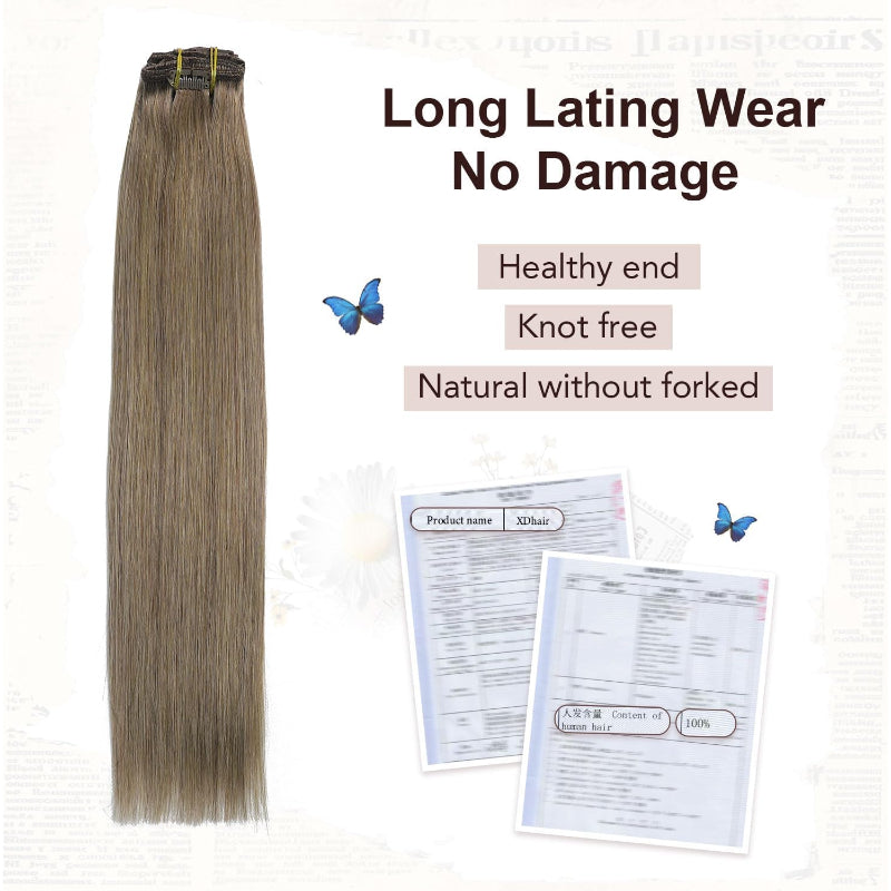 XDhair Clip In Human Hair Extensions 18 Inch Ash Brown 120g 6pcs - New XDhair