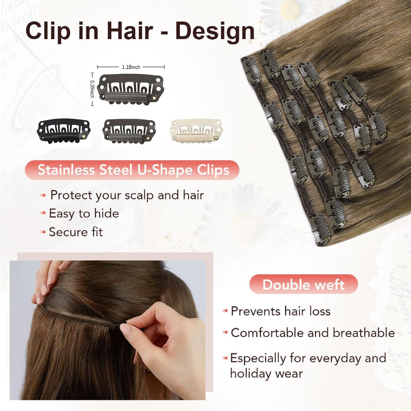 XDhair Clip In Human Hair Extensions 18 Inch Ash Brown 120g 6pcs - New XDhair