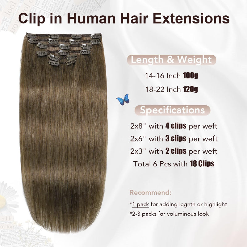 XDhair Clip In Human Hair Extensions 18 Inch Ash Brown 120g 6pcs - New XDhair