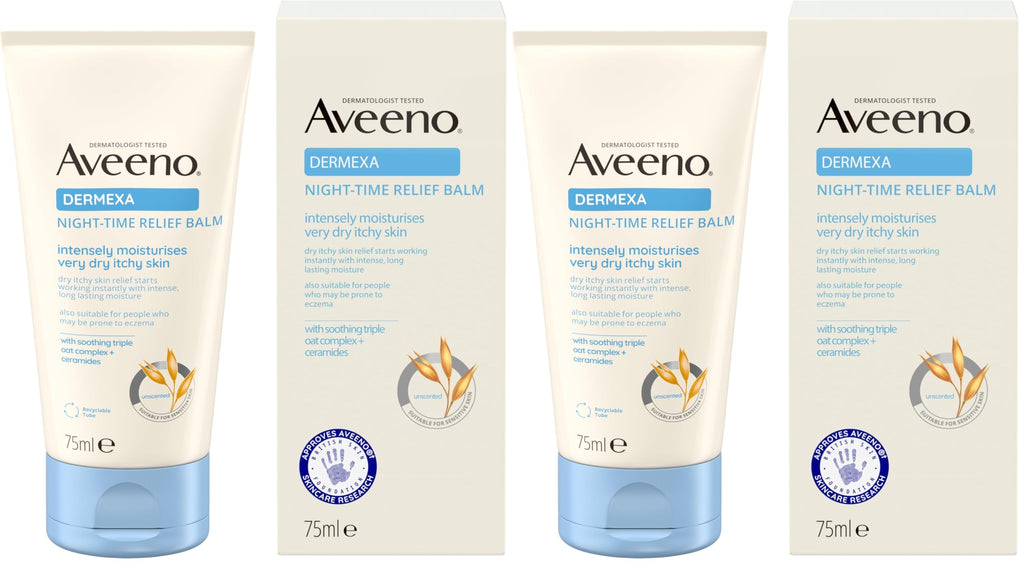 Aveeno Dermexa Night-Time Relief Balm 75 ml for Very Dry Itchy Skin with Prebiotic Triple Oat Complex and Ceramides to Soothe and Strengthen Skin Barrier Overnight