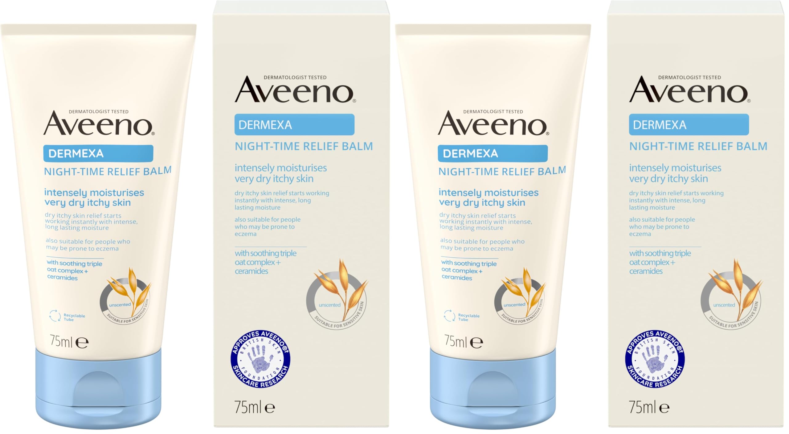 Aveeno Dermexa Night-Time Relief Balm 75 ml for Very Dry Itchy Skin with Prebiotic Triple Oat Complex and Ceramides to Soothe and Strengthen Skin Barrier Overnight