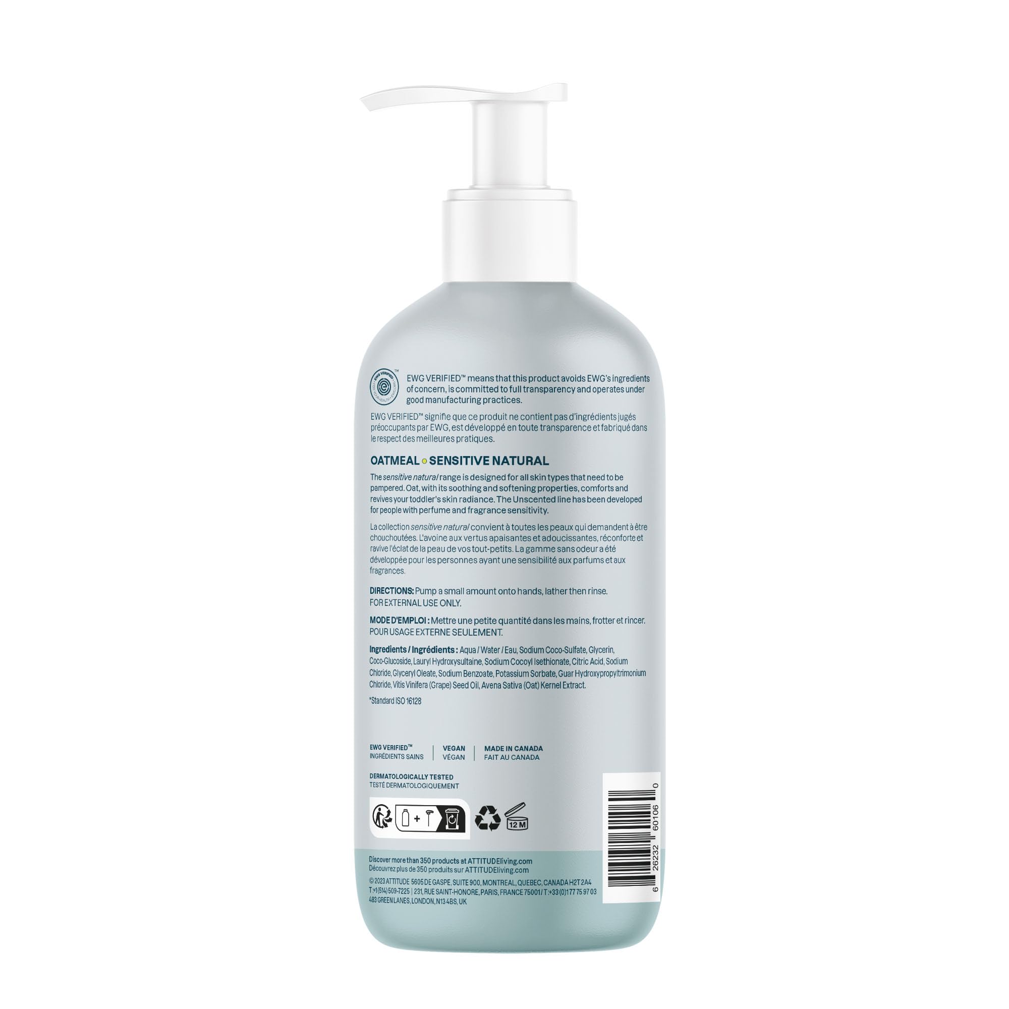 ATTITUDE 2-in-1 Shampoo and Body Wash for Baby with Sensitive Skin with Oat, EWG Verified, Dermatologically Tested, Vegan, Unscented, 473 mL