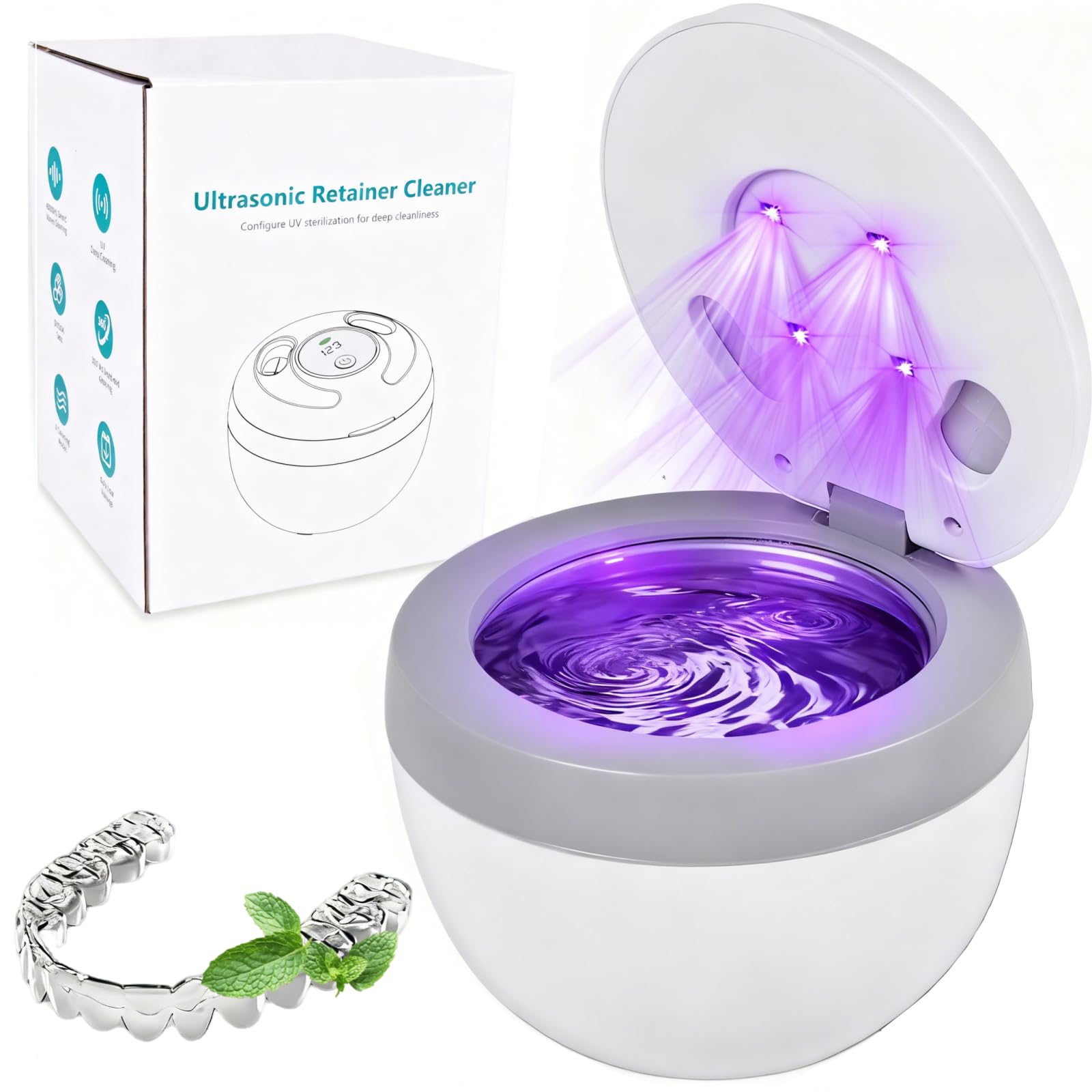TechKen Ultrasonic Retainer Cleaner - 45kHz Dental Machine with UV Light - Portable for Dentures, Aligner, Mouthguard - White Gray - Damaged Box