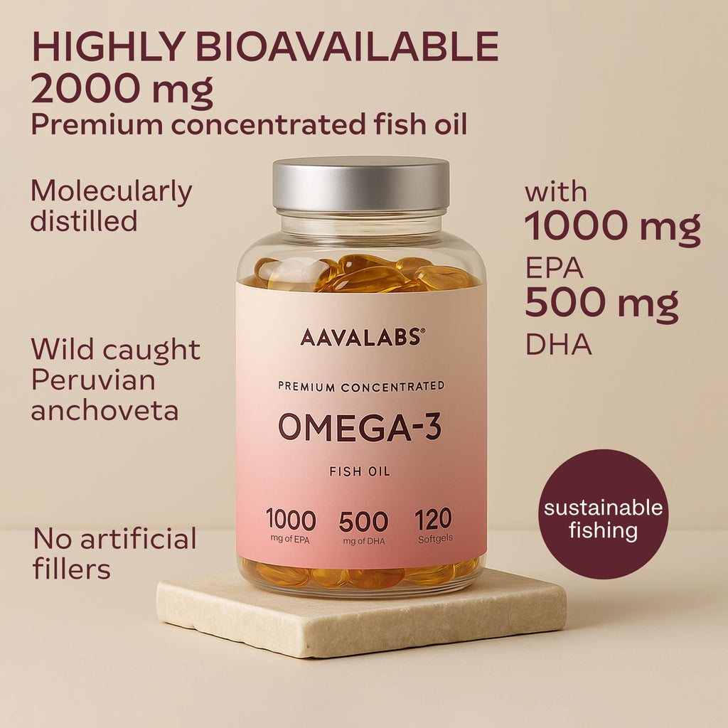 Aavalabs Omega 3 Fish Oil 2000mg per Daily dose (2 softgels) - 1000mg EPA + 500 mg DHA per dose - High Strength Omega 3 Fatty Acids Supplements - Molecularly Distilled - 120 Capsules - 60 Days Supply - BBE 03/2028