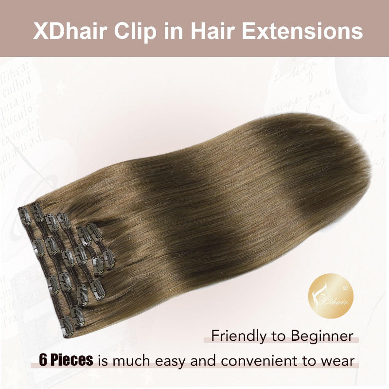 XDhair Clip In Human Hair Extensions 18 Inch Ash Brown 120g 6pcs - New XDhair