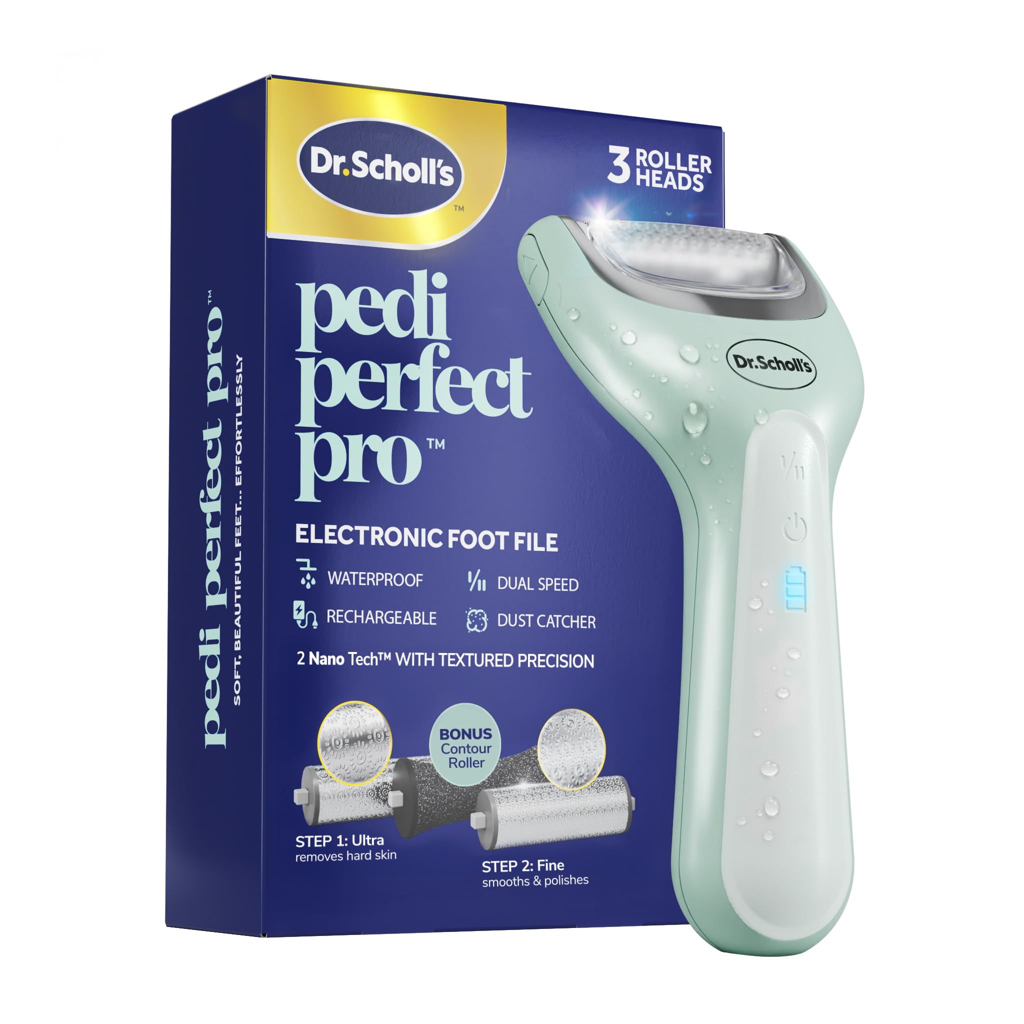 Dr. Scholl's Pedi Perfect Pro Electric Foot Callus Remover - Rechargeable Hard Skin Remover Kit with 3 Roller Heads, Waterproof - Damaged Box