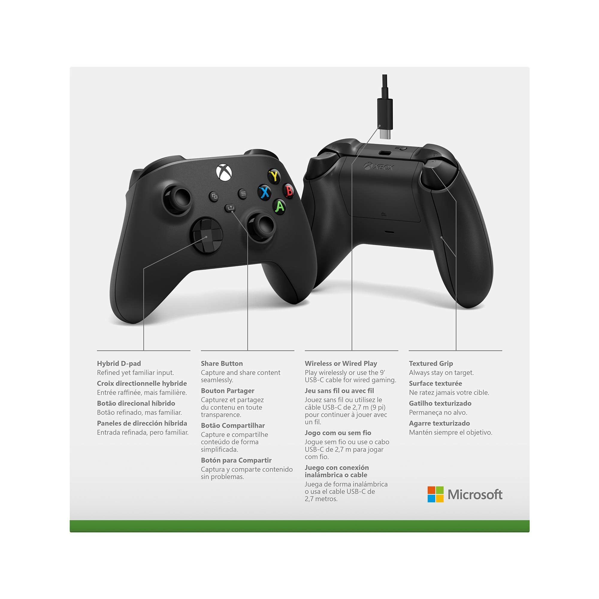 Xbox Wireless Controller with USB-C Cable for Xbox Series X S Xbox One and Windows PC Gaming - Carbon Black - 2.7m Wired Connection Lead