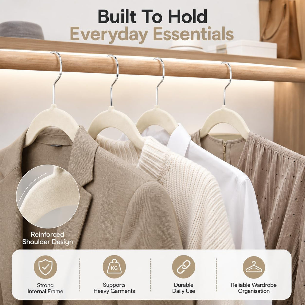 1ABOVE Premium Quality 20 pack Non-Slip Velvet Hangers (44cm) Heavy Duty Velvet Suit Hangers with Tie Bar, 360^0 Swivel Hooks - Space saving, sturdy to hold Jacket, Jumper & Pullover(Set of 20-IVORY) - Very Good