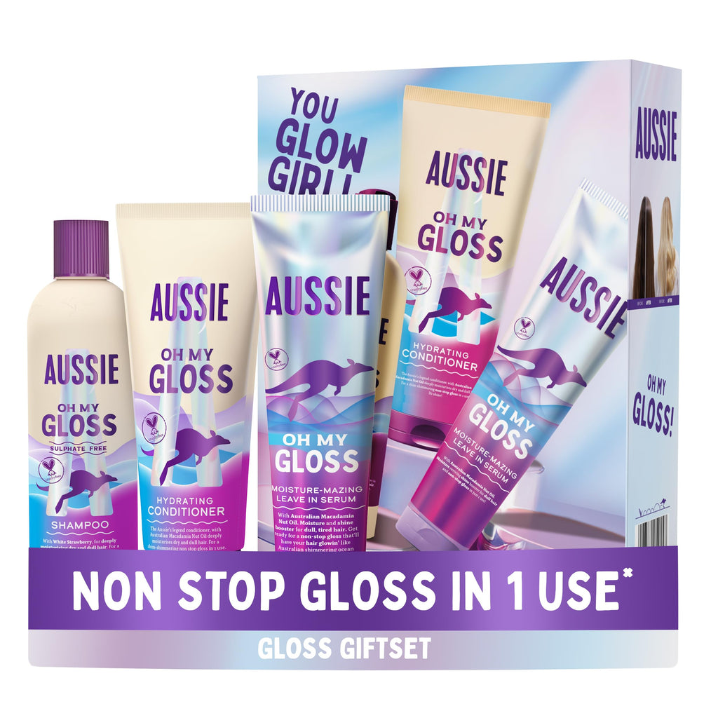 Aussie Oh My Gloss Hydrating Giftset: Shampoo 300ml, Conditioner 200ml, Lightweight Leave-in Serum 160ml. Moisture & Shine Booster for Dull, Dry Hair, with Jojoba, Safflower, Macadamia Nut Oils - Damaged Box