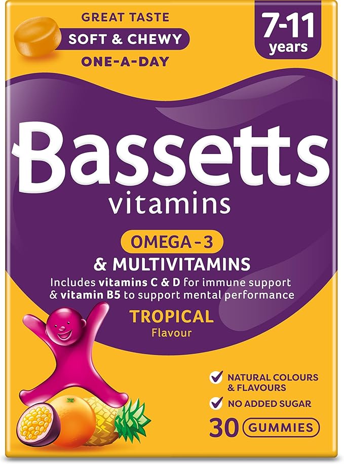 Bassetts Vitamins 7-11 Years Omega 3 Multivitamins Tropical Flavour 30 Gummies 06/26 - New The Outlet Shop