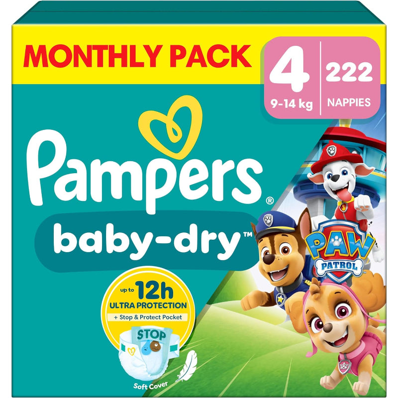 Pampers Baby-Dry Size 4 Paw Patrol 222 Nappies 9-14kg Monthly Pack Leak Protection Night Comfort - Like New Pampers