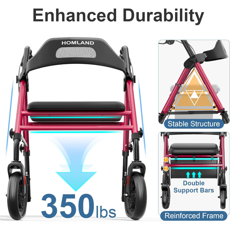 Homland Foldable Rollator Walker with Seat 8" Wheels 350lb Adjustable Red - Like New Homland