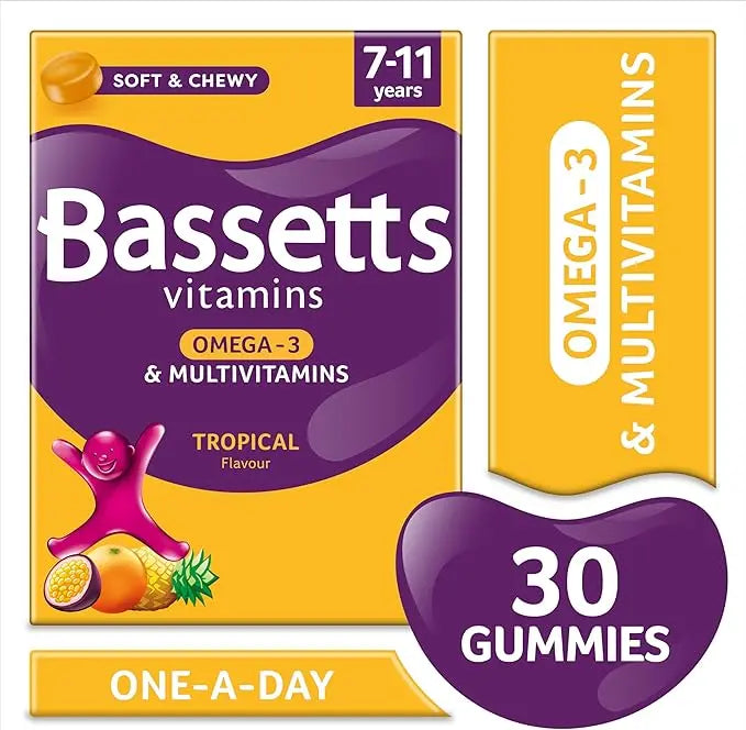 Bassetts Vitamins 7-11 Years Omega 3 Multivitamins Tropical Flavour 30 Gummies 06/26 - New The Outlet Shop