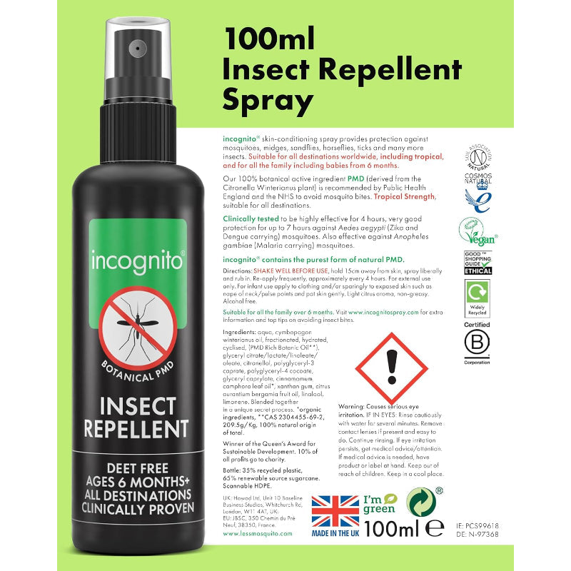 Incognito Insect Repellent Spray 100ml Natural DEET Free Mosquito Tick Protection - New Incognito