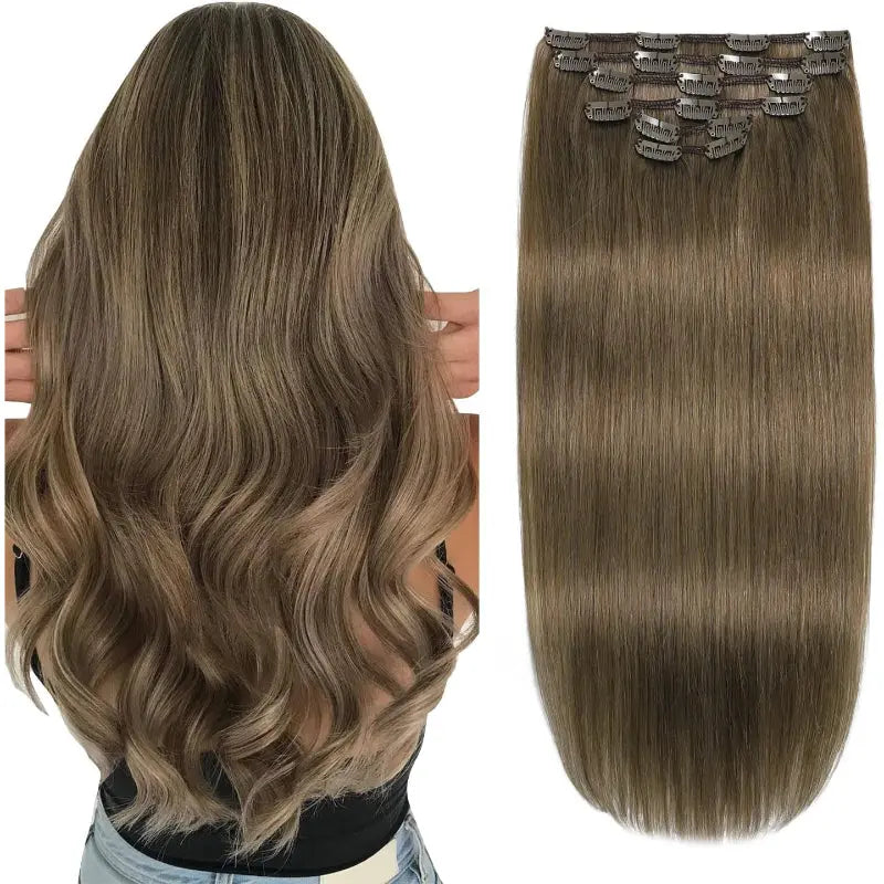 XDhair Clip In Human Hair Extensions 18 Inch Ash Brown 120g 6pcs - New XDhair