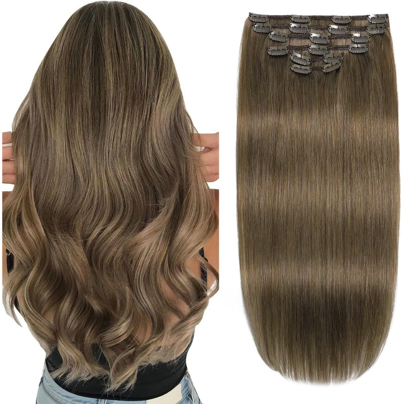 XDhair Clip In Human Hair Extensions 18 Inch Ash Brown 120g 6pcs - New XDhair