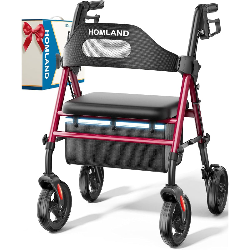 Homland Foldable Rollator Walker with Seat 8" Wheels 350lb Adjustable Red - Like New Homland