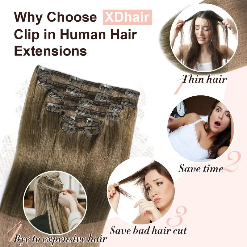XDhair Clip In Human Hair Extensions 18 Inch Ash Brown 120g 6pcs - New XDhair