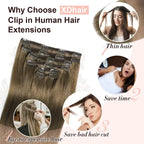 XDhair Clip In Human Hair Extensions 18 Inch Ash Brown 120g 6pcs - New XDhair