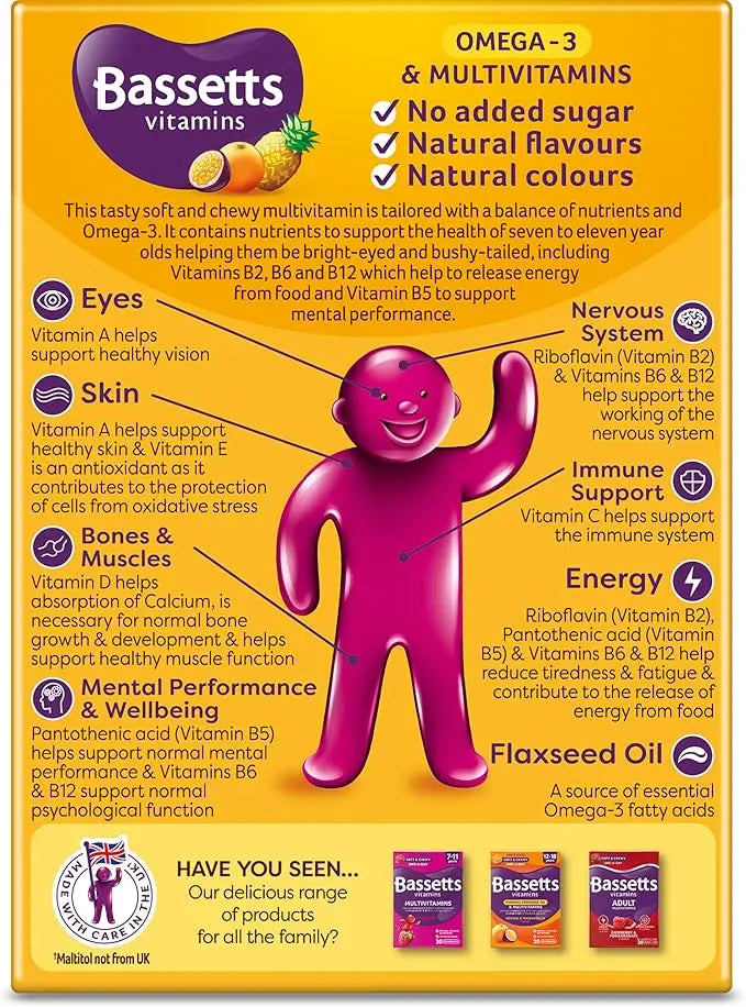 Bassetts Vitamins 7-11 Years Omega 3 Multivitamins Tropical Flavour 30 Gummies 06/26 - New The Outlet Shop