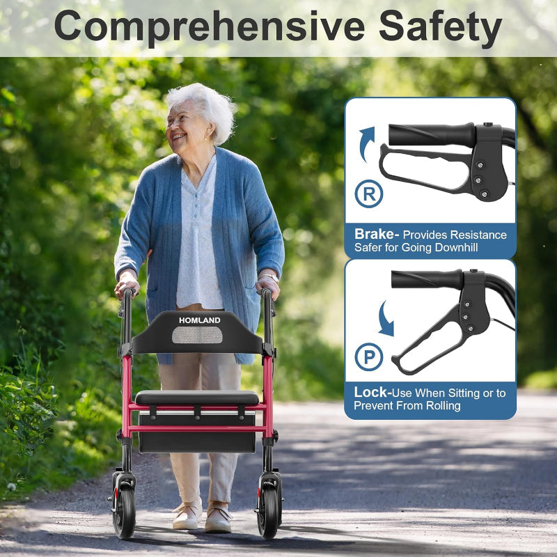 Homland Foldable Rollator Walker with Seat 8" Wheels 350lb Adjustable Red - Like New Homland