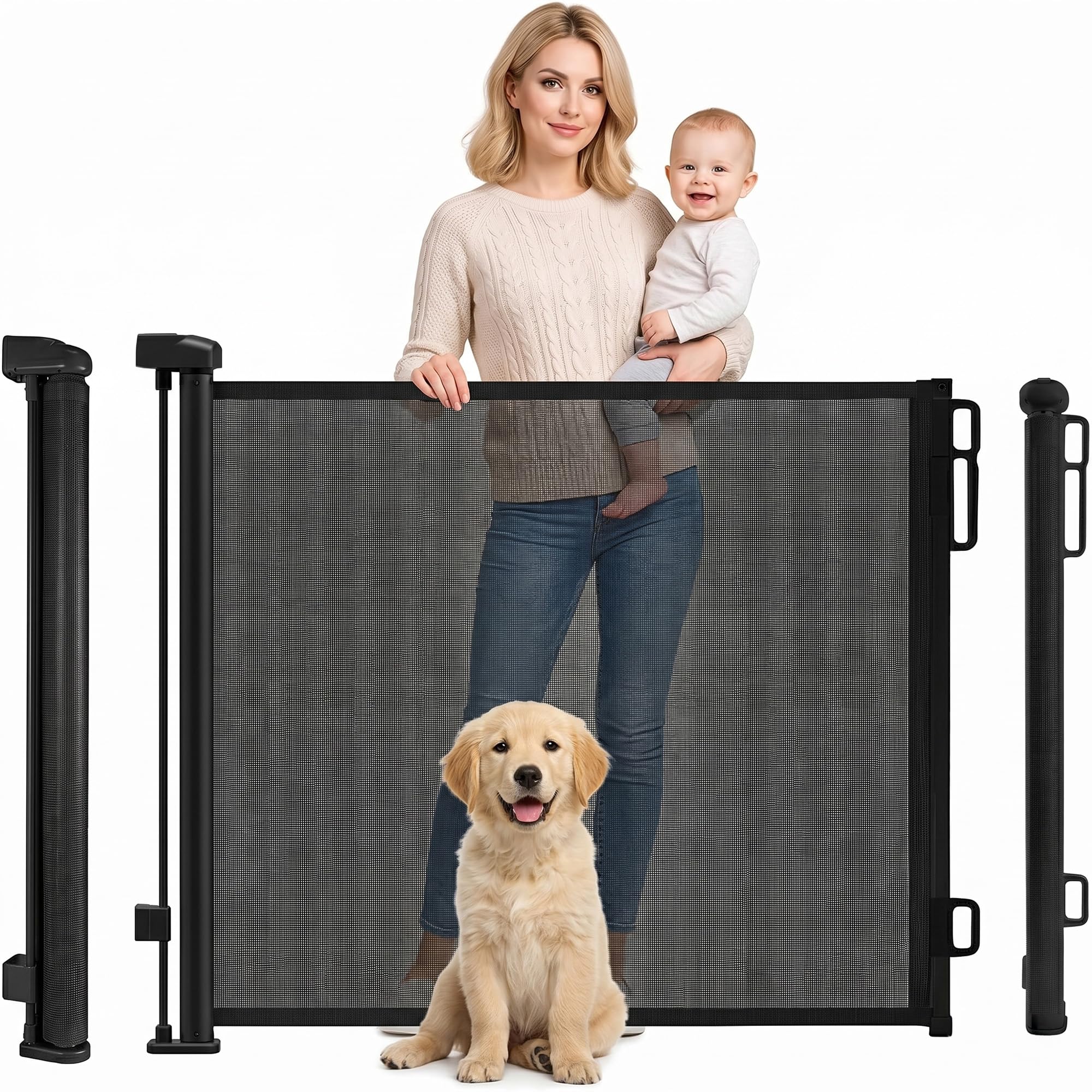 Rainberg Retractable Stair Gate - 150cm Wide, 80cm Tall, Black - Baby Pet Safety Barrier, One Hand Operated Child Gate - Very Good