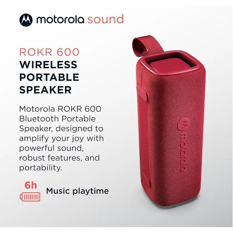 Motorola ROKR 600 Bluetooth Speaker: 30W Sound, Water Resistant, 6H Play, Red - New Motorola