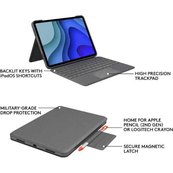 Logitech Folio Touch iPad Pro 11-inch 1st - 4th Gen 2018 -2022 Keyboard Case Backlit Keyboard Trackpad QWERTY Grey - Refurbished Logitech