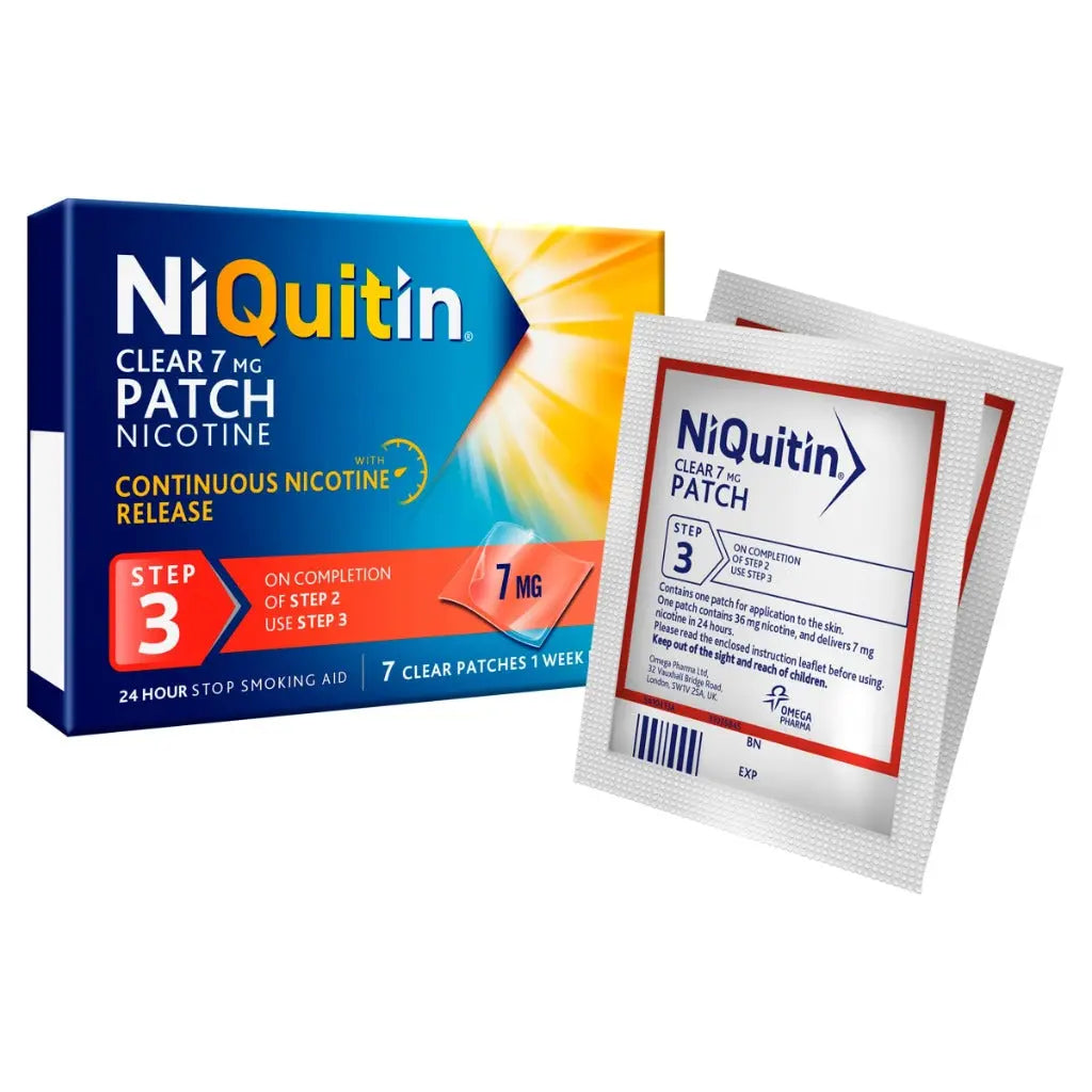 NiQuitin 7mg Nicotine Patches (Step 3-7 Clear Patches) - 24 Hour Craving Control - 1 Week Treatment Patches to Quit Or Reduce - Discreet Transparent Stop Smoking & Vaping Aids - BBE 07/2028 NiQuitin